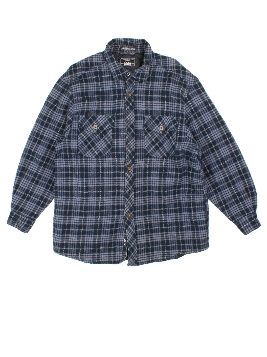 Levi Strauss Flannel Jacket in a blue colourway. Buttons up and has double chest pockets and insulated with a quilted lining.