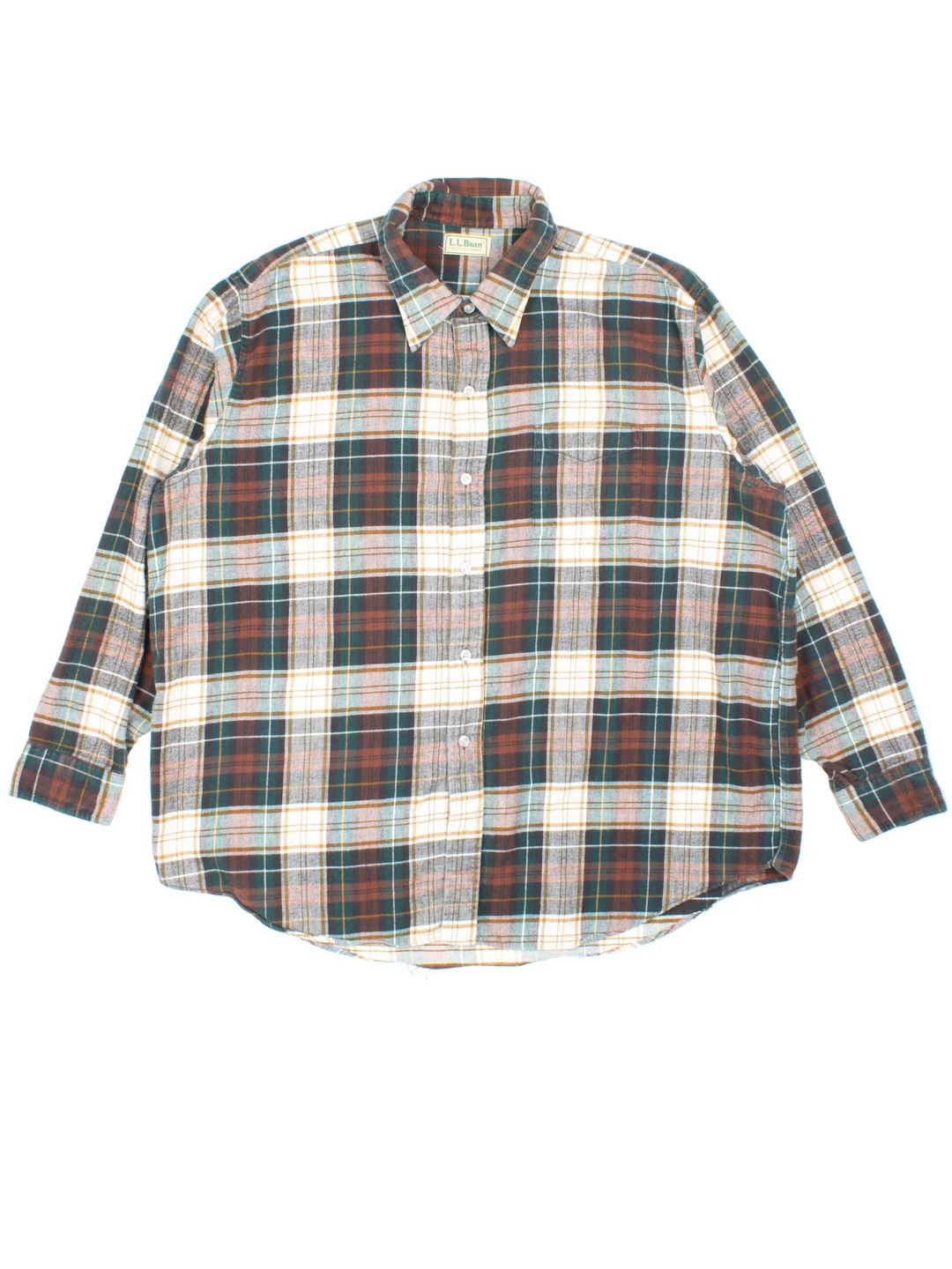 L.L Bean Flannel Shirt in a brown plaid pattern colourway, button up with double chest pockets.