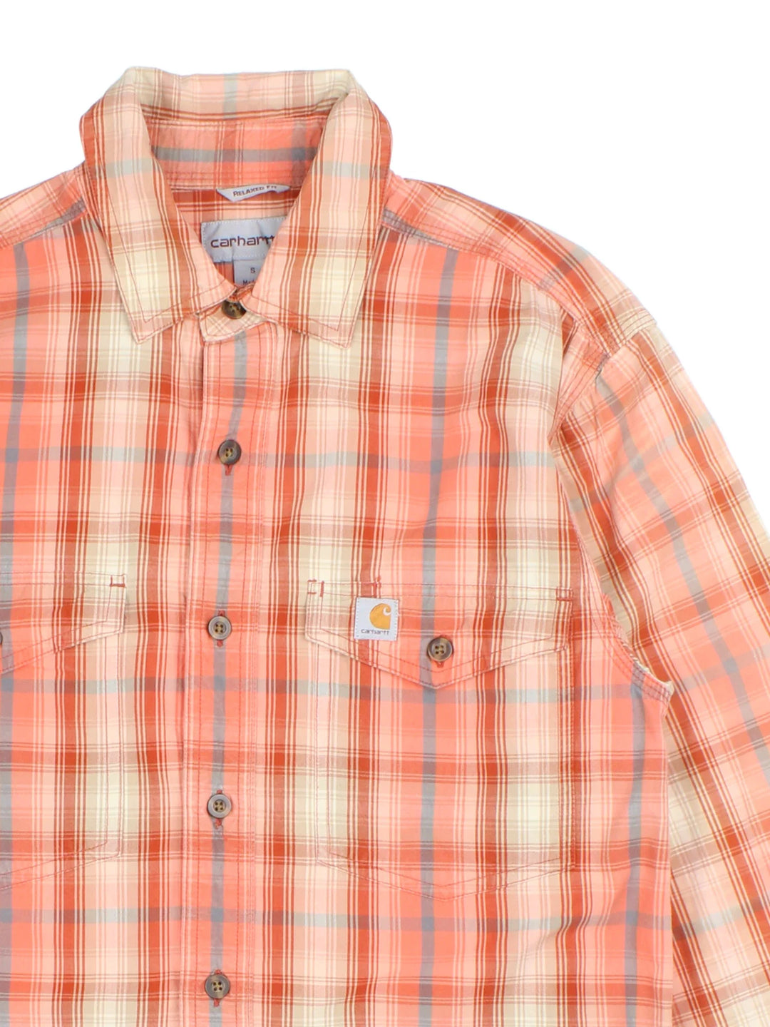 Carhartt Shirt in a orange plaid colourway, buttons up and has double chest pockets with the logo embroidered on the front.