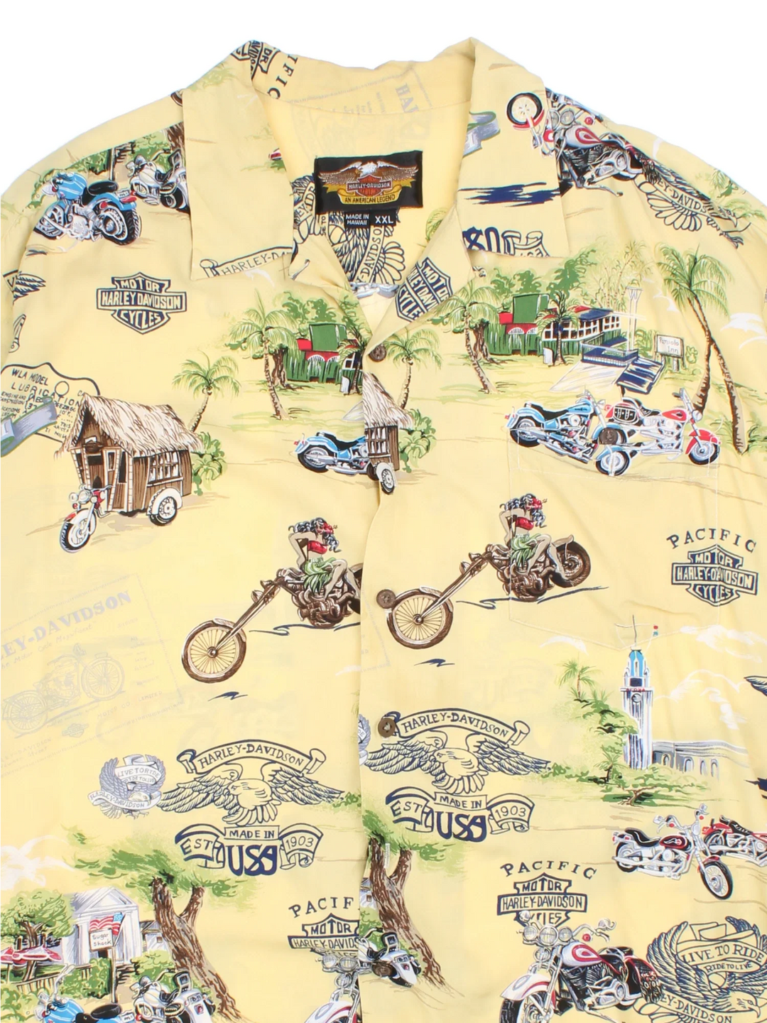 Harley-Davidson Hawaiian Shirt in a yellow colourway, button up and has a chest pocket, and the logo and graphics printed all over.