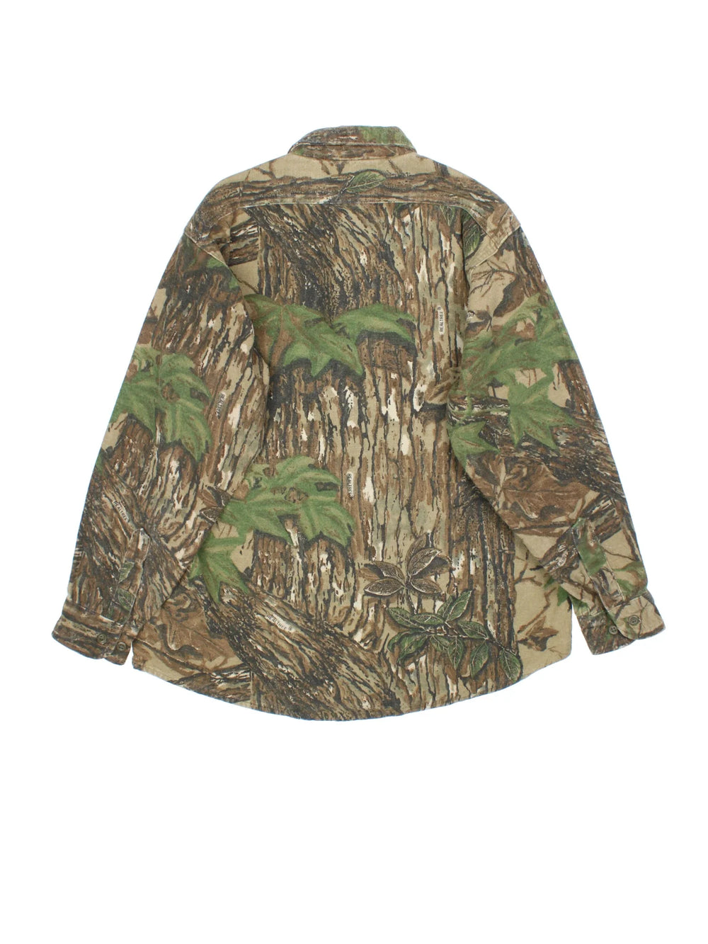 Vintage Cabelas Real Tree Camo Shirt in a green and brown patterned colourway, buttons up and has double chest pockets on the front.