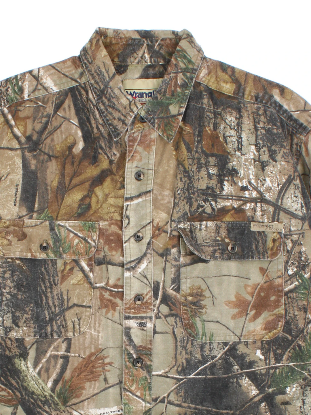 Wrangler Pro Gear Real Tree Camo Shirt in a green and brown colourway, buttons up and has double chest pockets on the front.