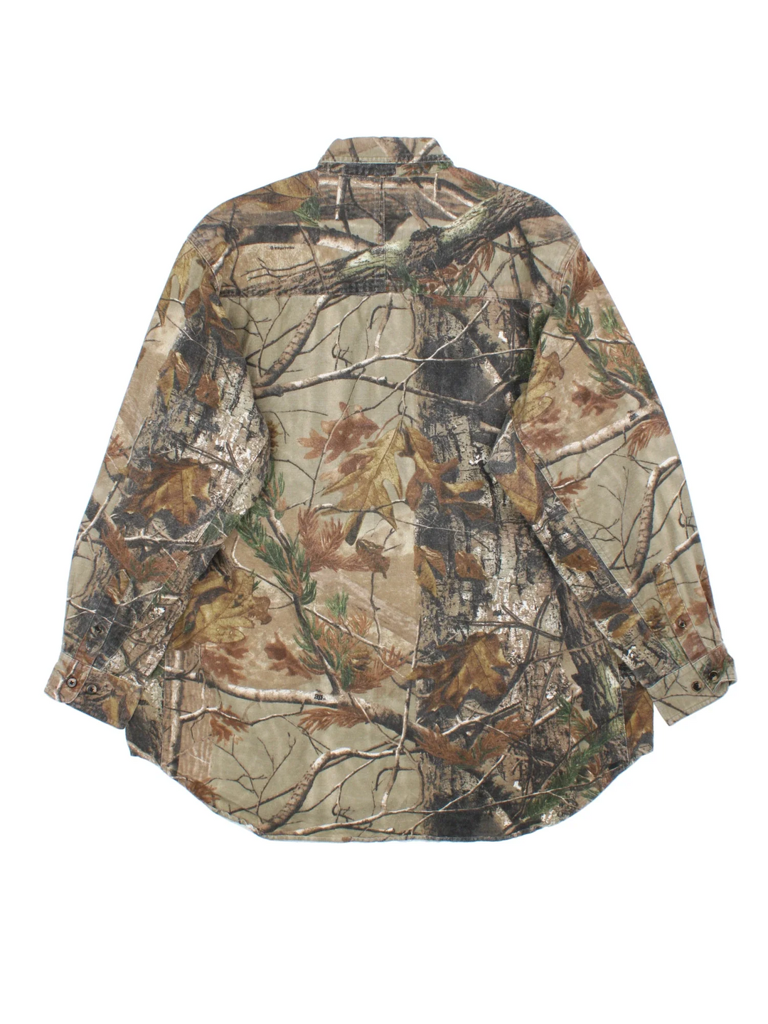 Wrangler Pro Gear Real Tree Camo Shirt in a green and brown colourway, buttons up and has double chest pockets on the front.