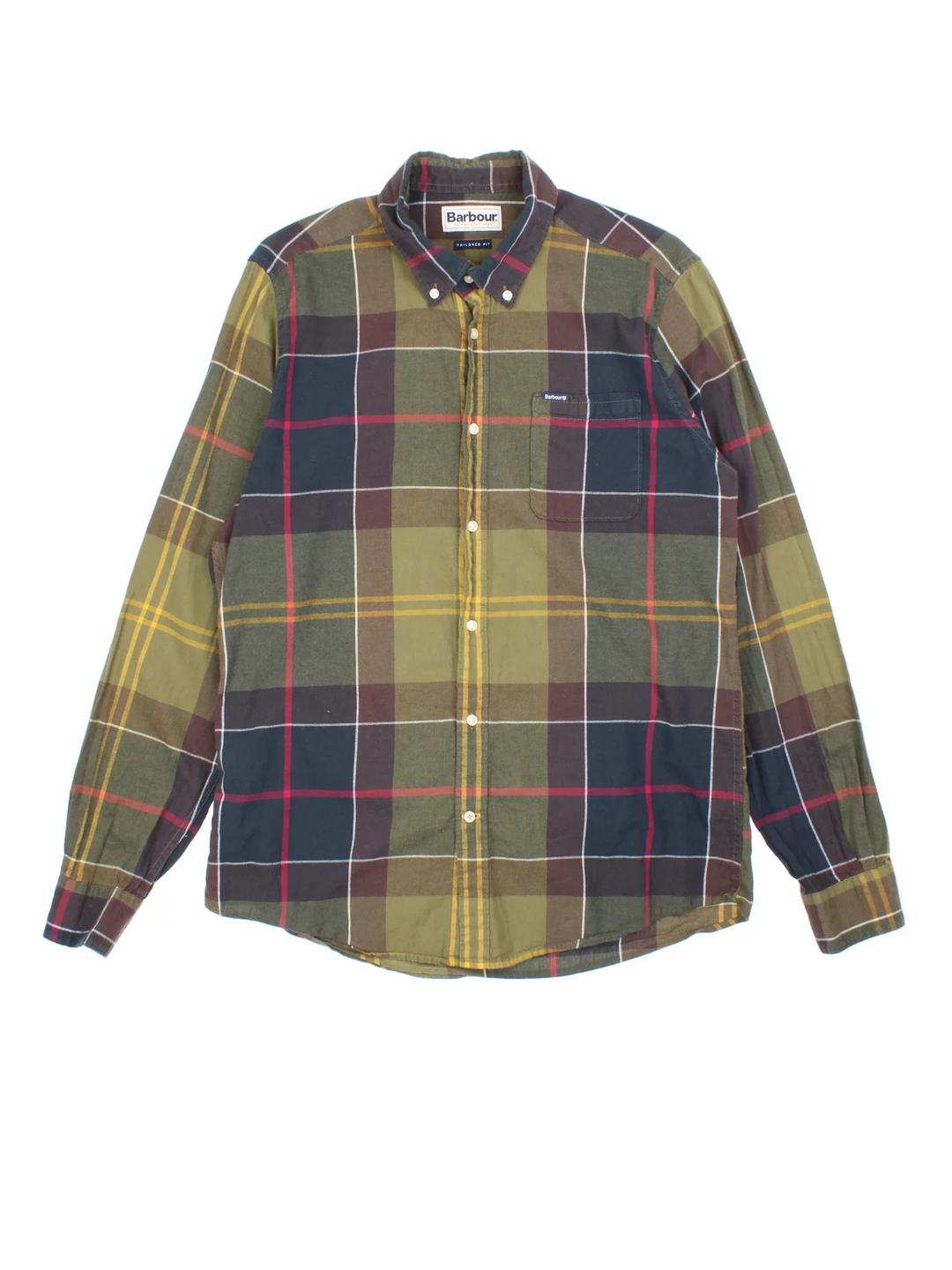 Barbour Shirt in a green/blue/red colourway, button up with branded tab on front pocket.
