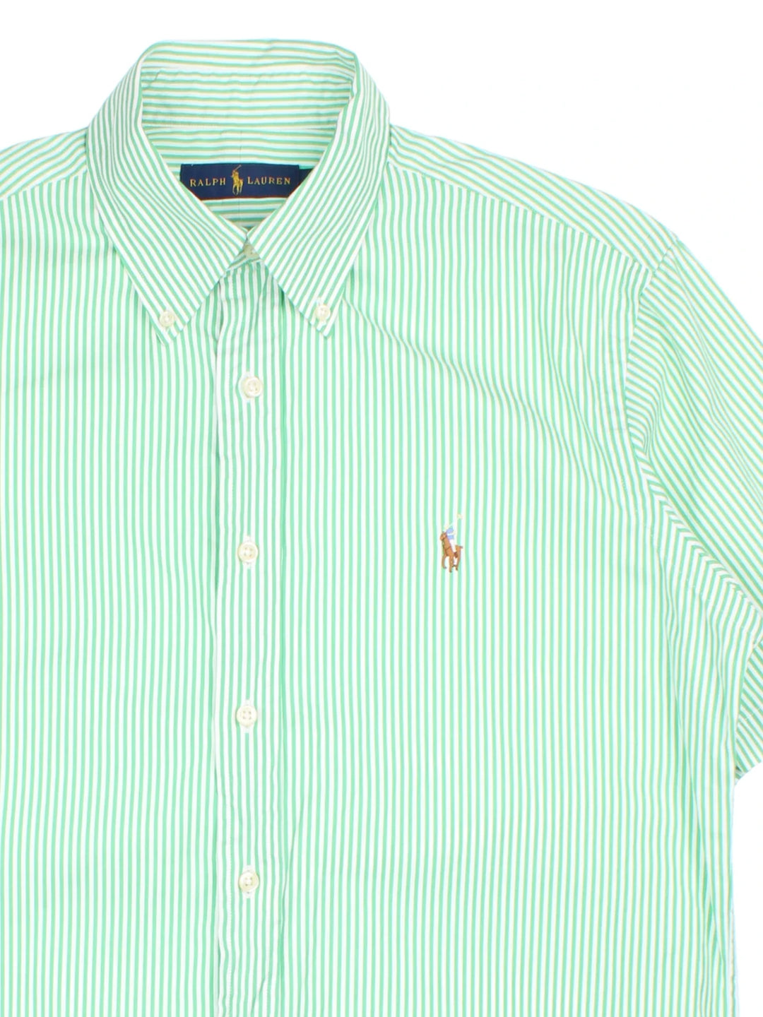 Ralph Lauren Shirt in a green/white colourway, button up with embroidered branding on front.