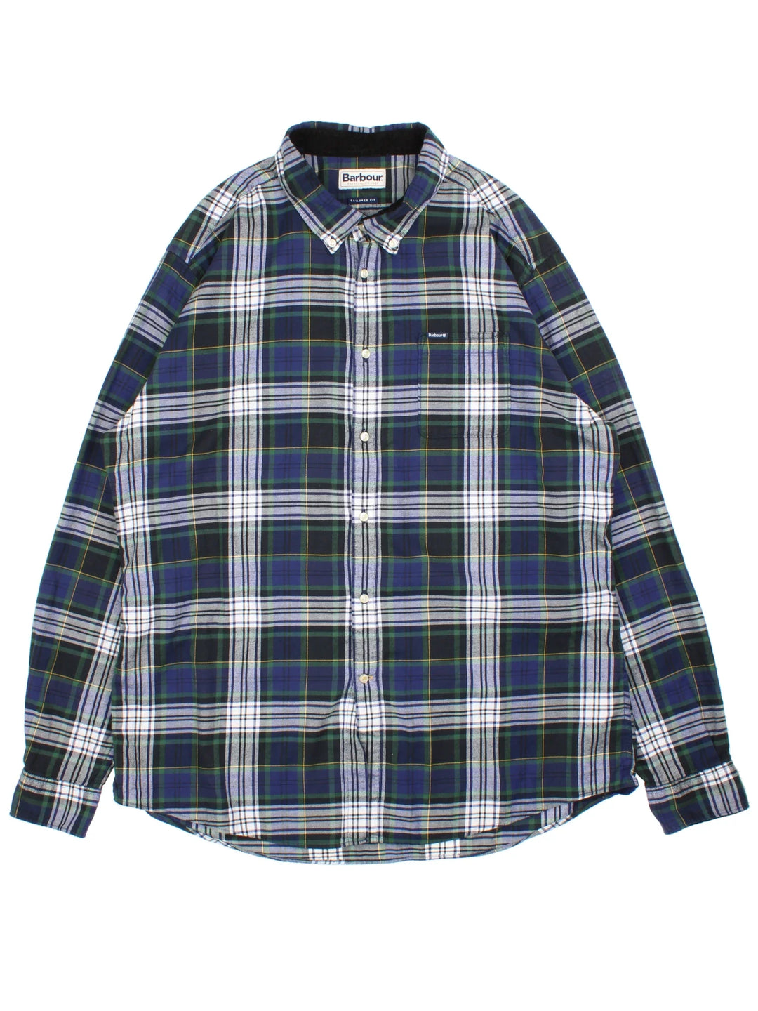 Barbour Shirt in a blue/green/white colourway, button up with branded tab on front pocket.