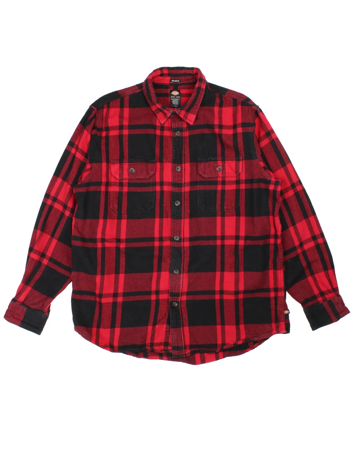 Vintage Dickies Flannel Shirt in a red and black plaid pattern colourway, button up with double chest pockets.