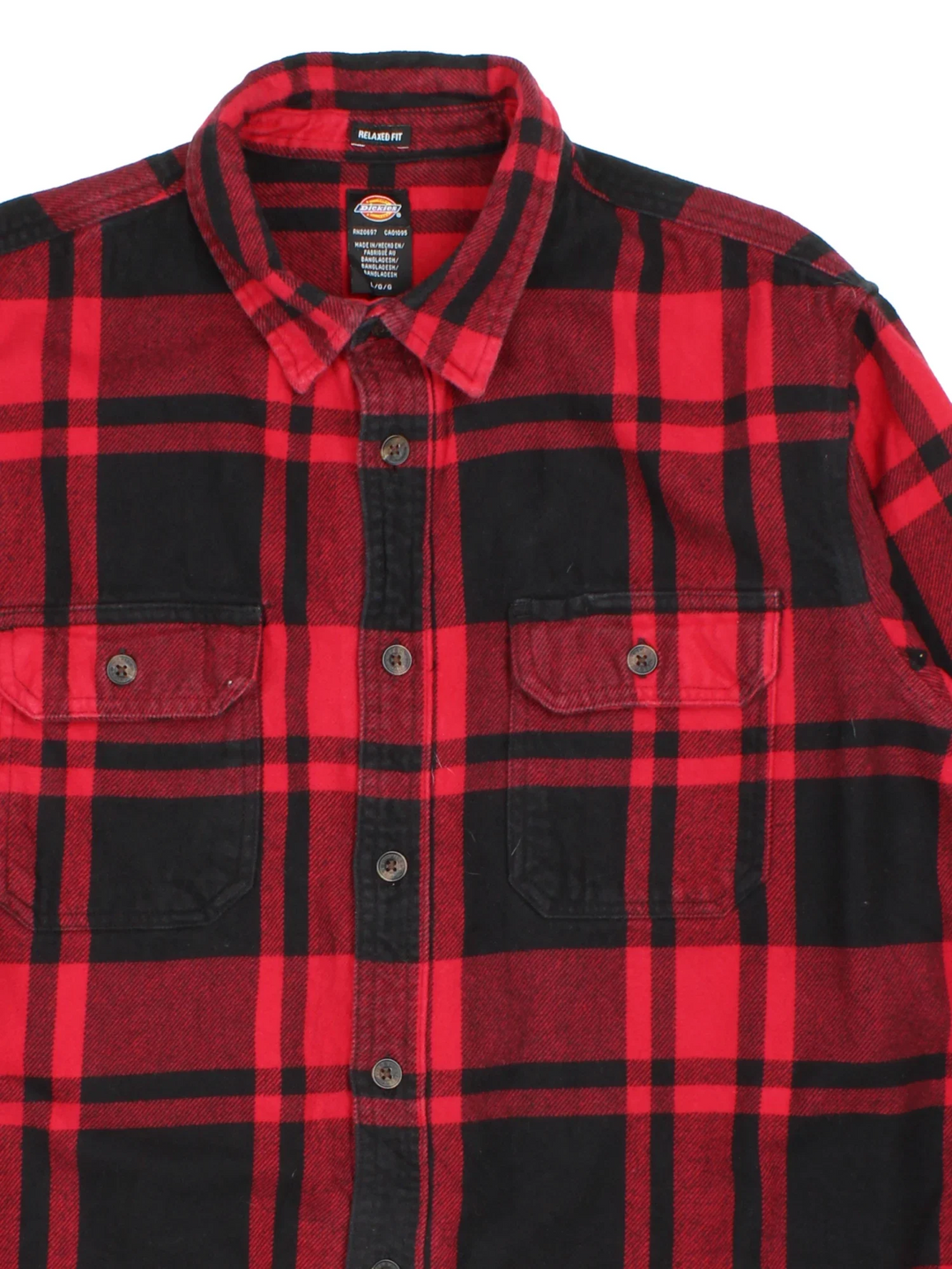Vintage Dickies Flannel Shirt in a red and black plaid pattern colourway, button up with double chest pockets.