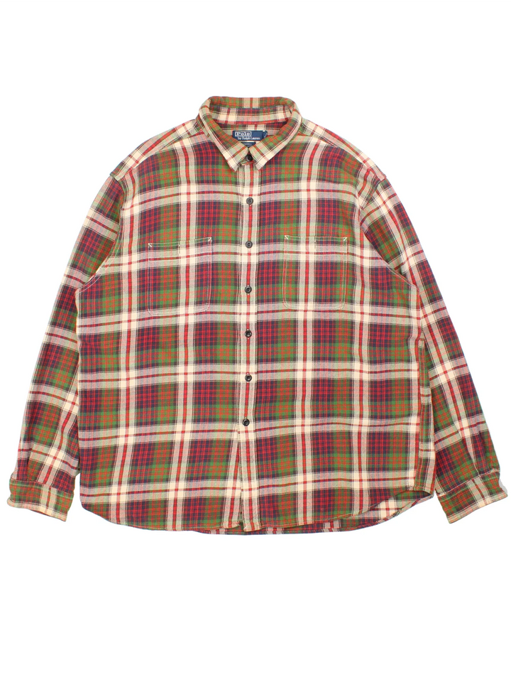 Vintage Ralph Lauren Flannel Shirt in a red, green and tan plaid pattern colourway, button up with double chest pockets.