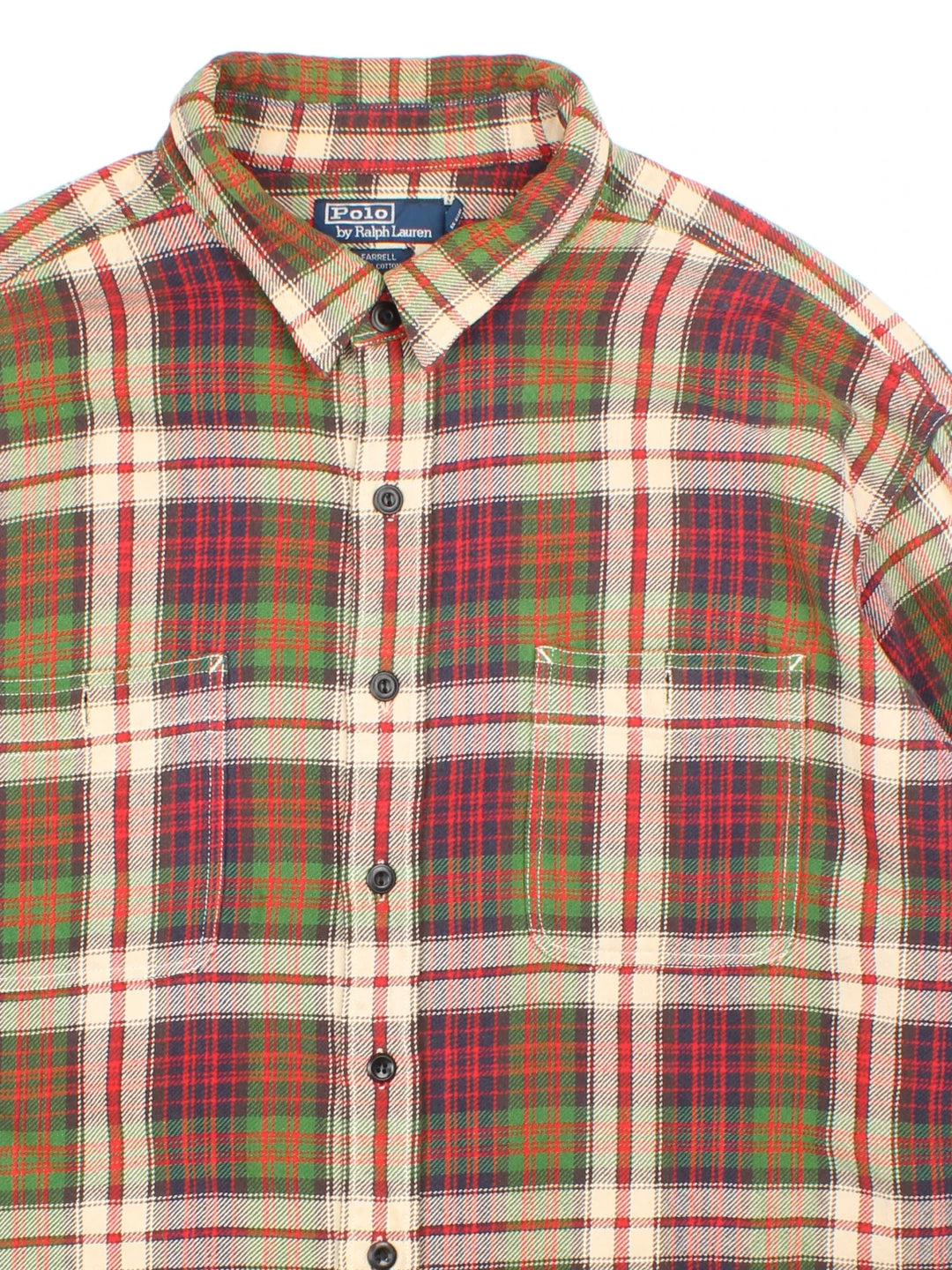 Vintage Ralph Lauren Flannel Shirt in a red, green and tan plaid pattern colourway, button up with double chest pockets.