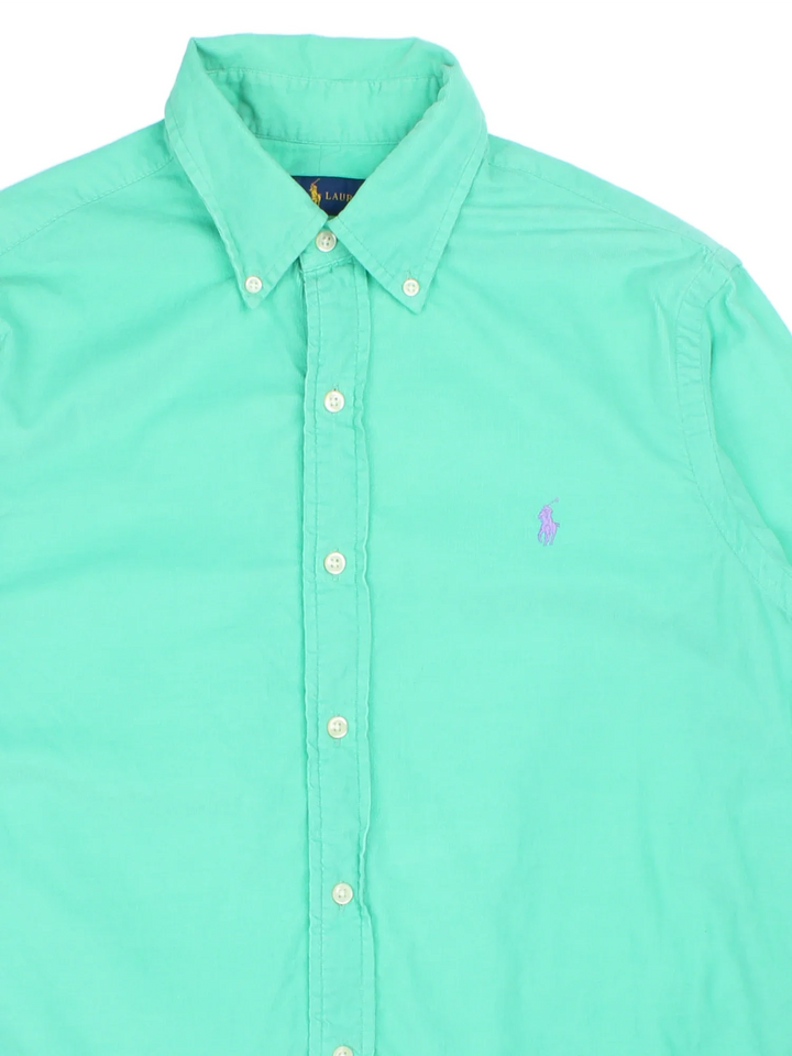Vintage Ralph Lauren Corduroy Shirt in a turquoise green colourway, button up with the logo embroidered on the front.