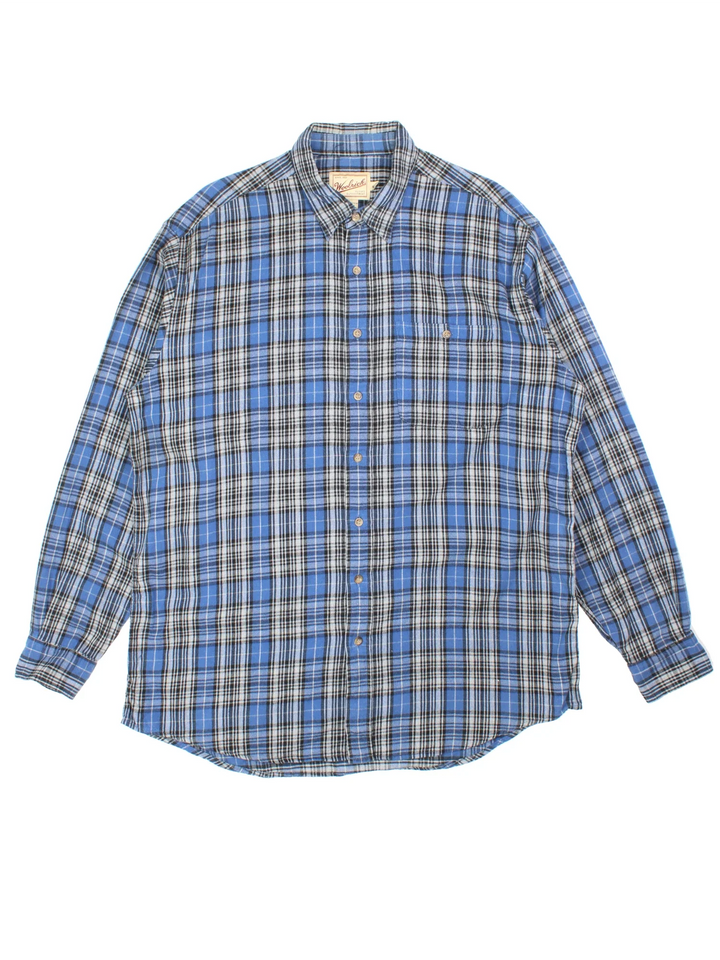 Vintage Woolrich Flannel Shirt in a blue, grey and black plaid pattern colourway, button up with a chest pocket.