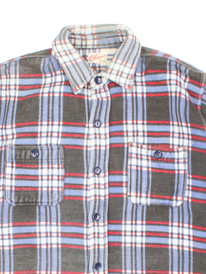 Vintage 1960 Champion Flannel Shirt Shirt in a blue, grey and red colourway, button up with double chest pockets.