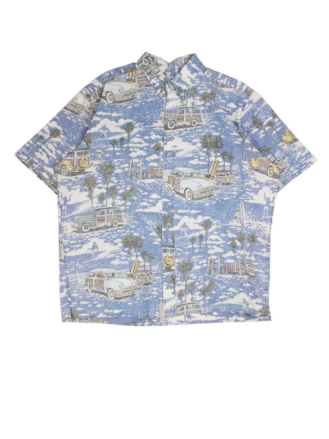 Vintage Hawaiian Shirt in a blue colourway, button up with all over classic cars and palm trees print and has a front pocket.