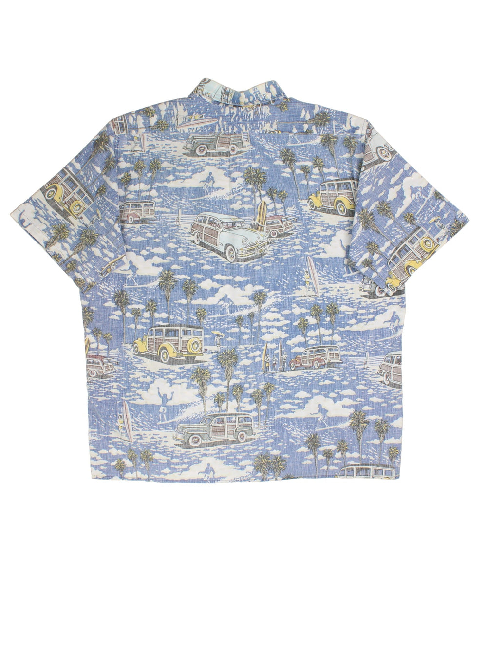 Vintage Hawaiian Shirt in a blue colourway, button up with all over classic cars and palm trees print and has a front pocket.