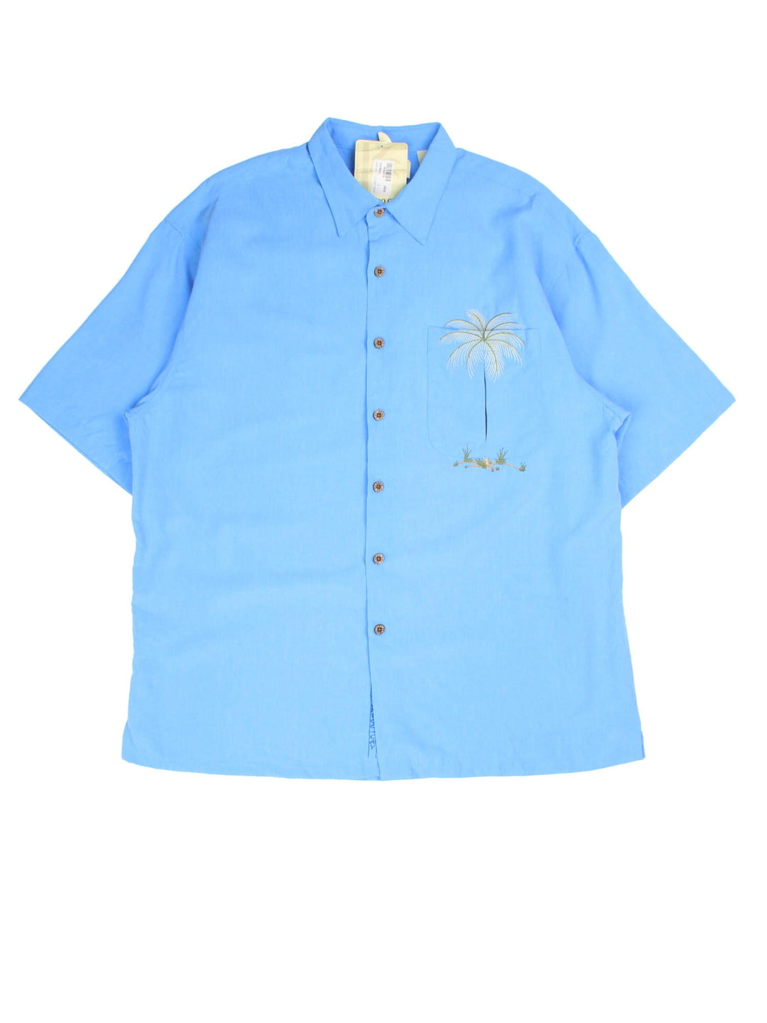 Vintage Hawaiian Shirt in a blue colourway, palm tree embroidery detail and front pocket.