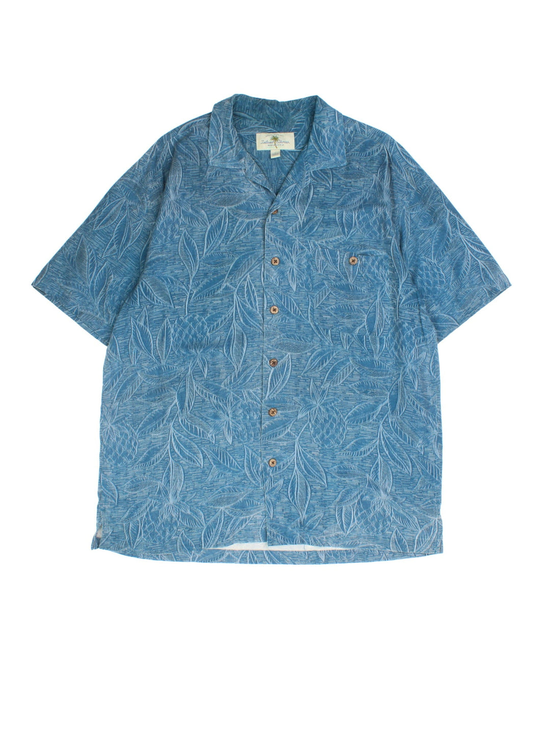 Vintage Hawaiian Shirt in a blue colourway, all over palm tree print detail and front pocket.