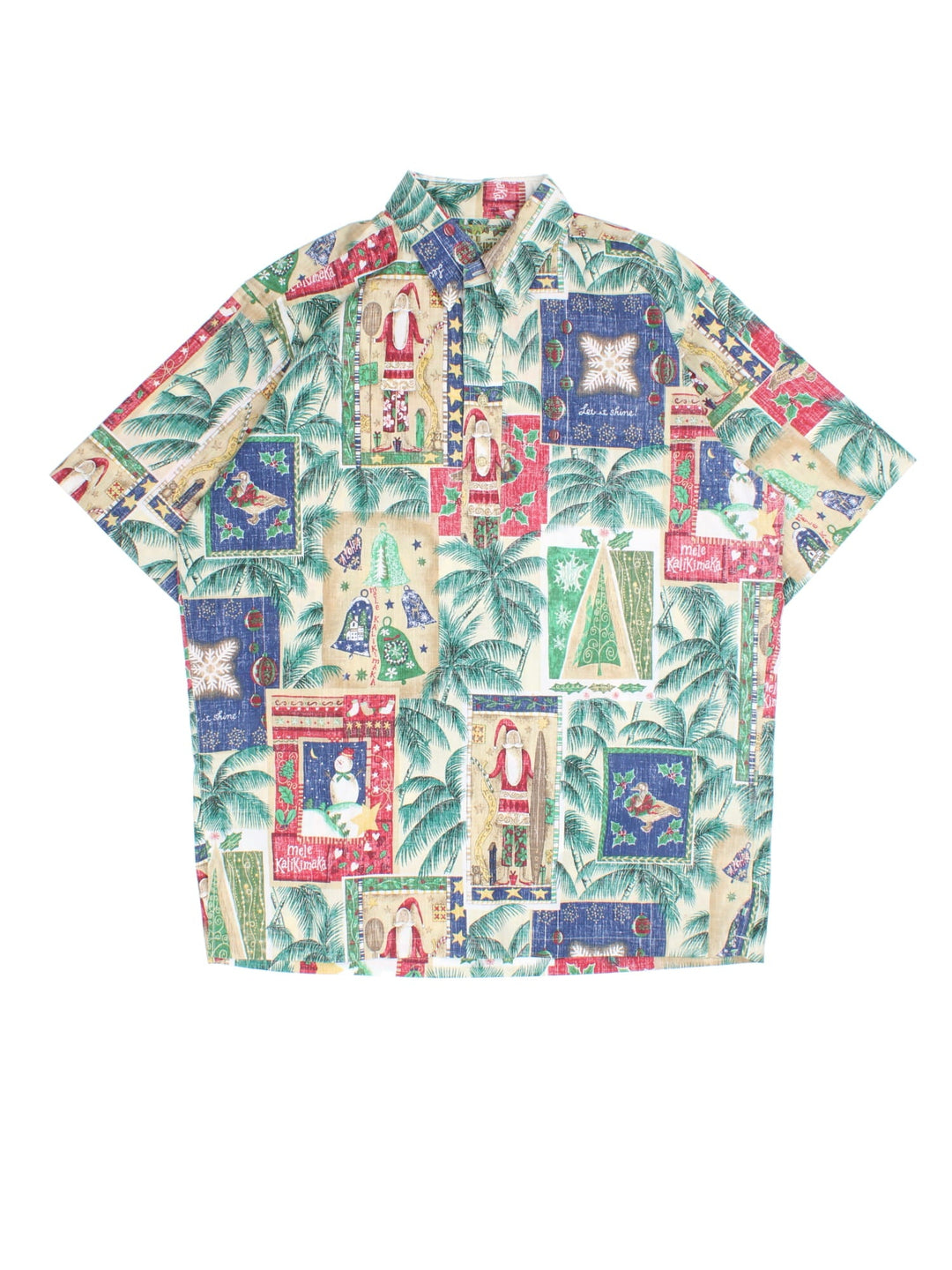 Vintage Reyn Spooner Mele Kalikimaka Hawaiian Santa Shirt in a green/multi colourway, all over pattern and front pocket.