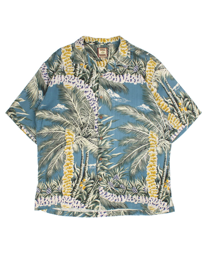 Vintage Hawaiian Shirt in a blue/yellow colourway, all over palm tree pattern.