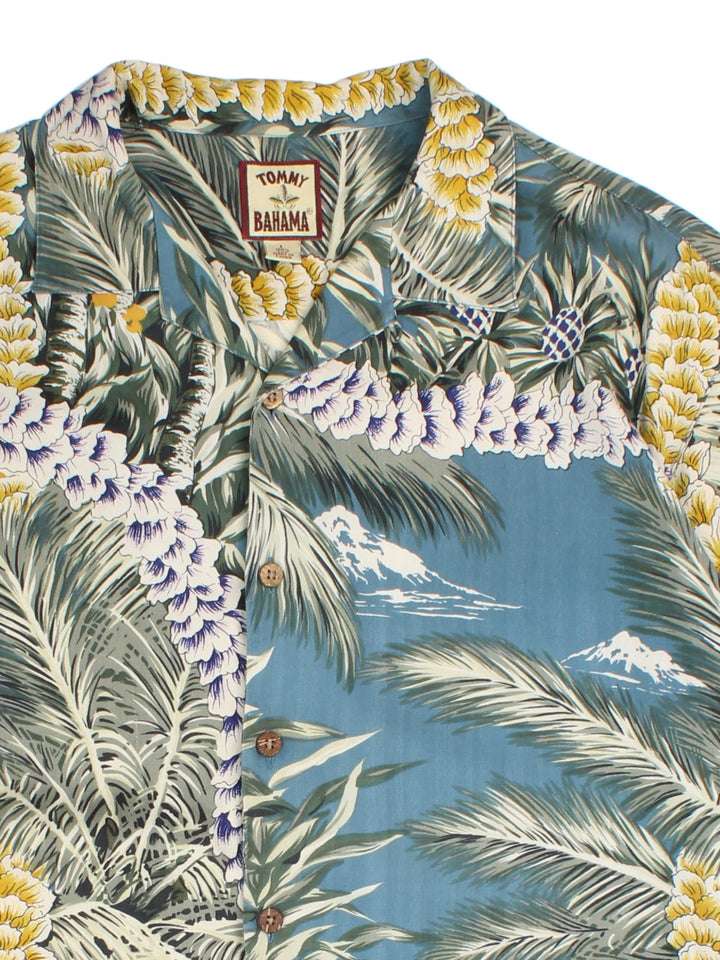Vintage Hawaiian Shirt in a blue/yellow colourway, all over palm tree pattern.