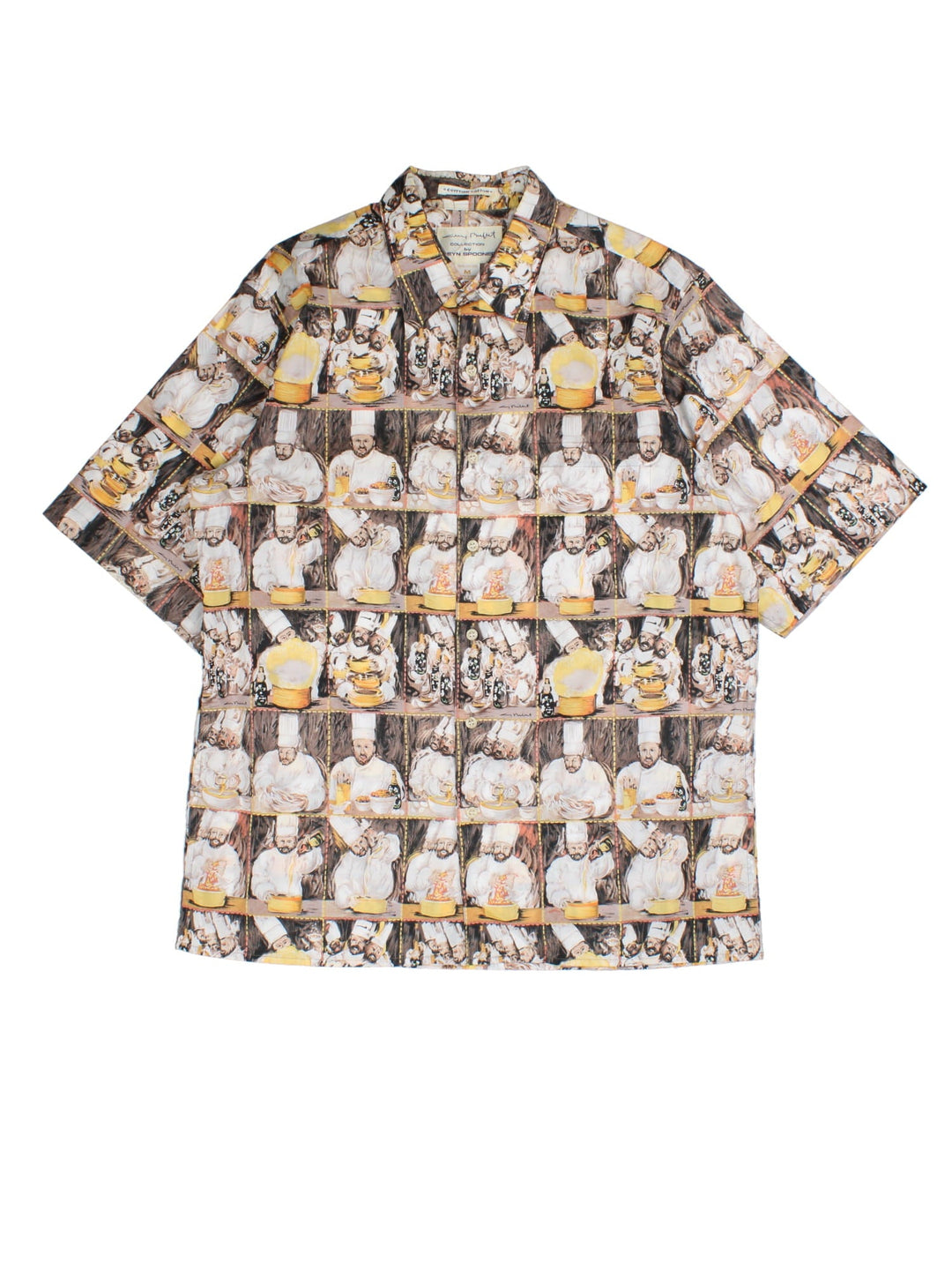Vintage Reyn Spooner Chefs Shirt in a brown/yellow colourway, all over chef pattern print and front patch pocket.