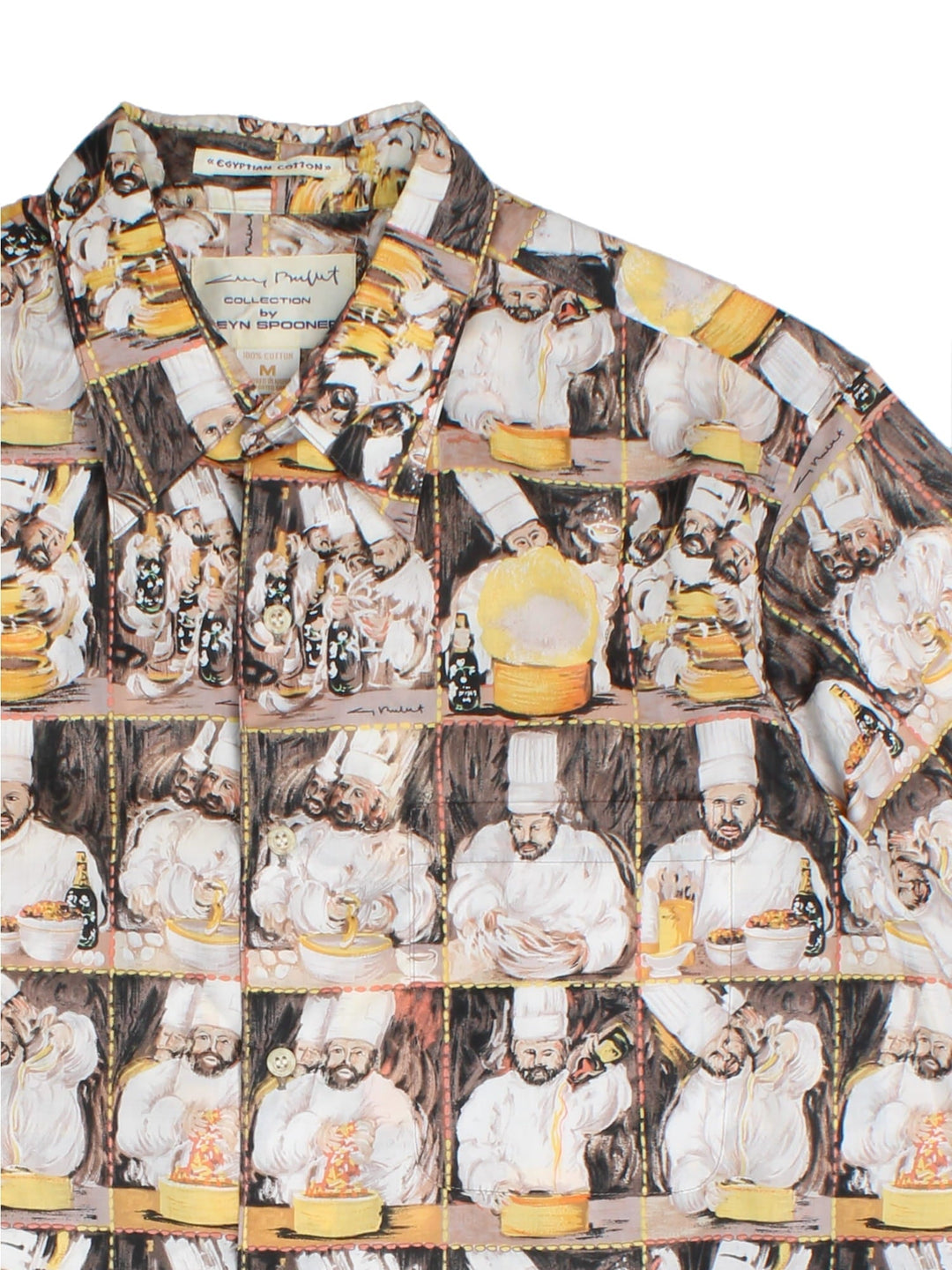 Vintage Reyn Spooner Chefs Shirt in a brown/yellow colourway, all over chef pattern print and front patch pocket.