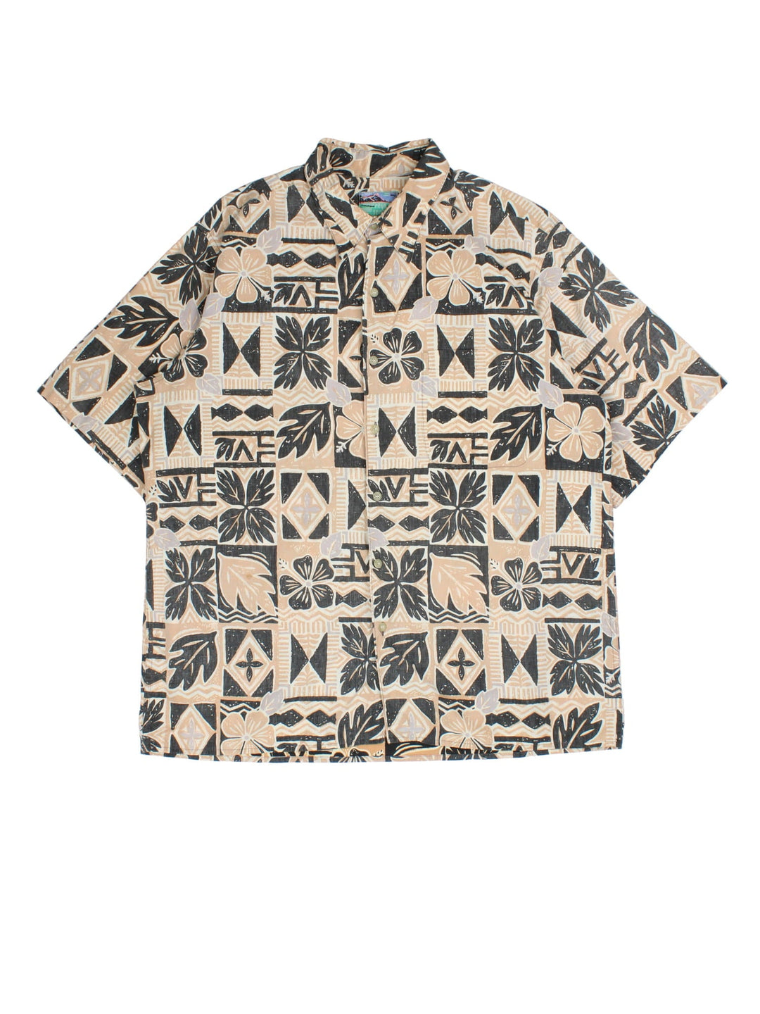 Vintage Reyn Spooner Hawaiian Shirt in a tan/black colourway, all over abstract pattern and front patch pocket.