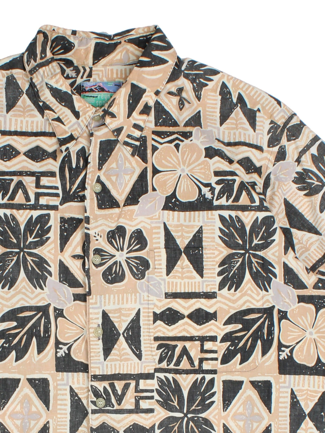 Vintage Reyn Spooner Hawaiian Shirt in a tan/black colourway, all over abstract pattern and front patch pocket.