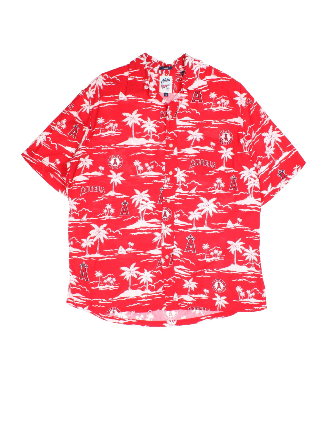 Vintage Reyn Spooner LA Anaheim Angels Hawaiian Shirt in a red/white colourway, team logo and spell out printed all over alongside palm tree pattern and front pocket.