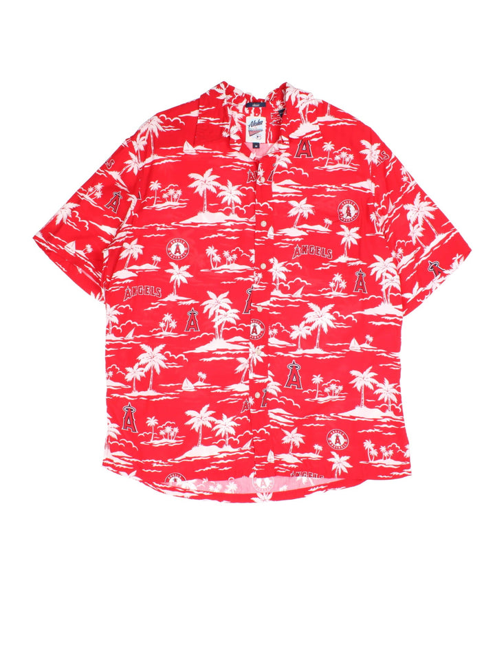 Vintage Reyn Spooner LA Anaheim Angels Hawaiian Shirt in a red/white colourway, team logo and spell out printed all over alongside palm tree pattern and front pocket.
