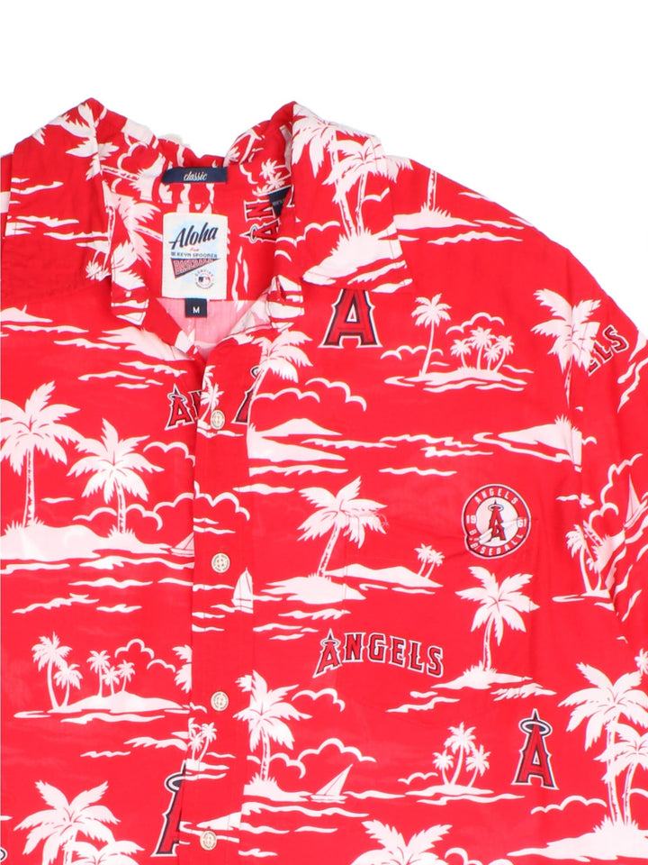Vintage Reyn Spooner LA Anaheim Angels Hawaiian Shirt in a red/white colourway, team logo and spell out printed all over alongside palm tree pattern and front pocket.