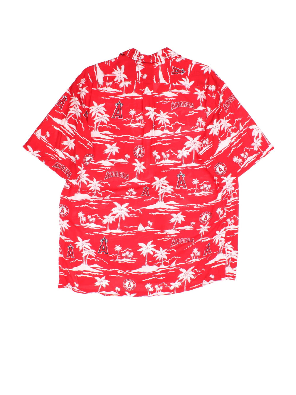 Vintage Reyn Spooner LA Anaheim Angels Hawaiian Shirt in a red/white colourway, team logo and spell out printed all over alongside palm tree pattern and front pocket.