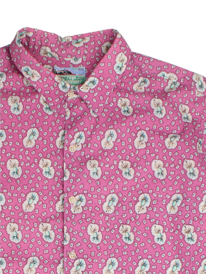 Vintage Reyn Spooner Hawaiian Shirt in a pink colourway, all over abstract flower pattern and front patch pocket.