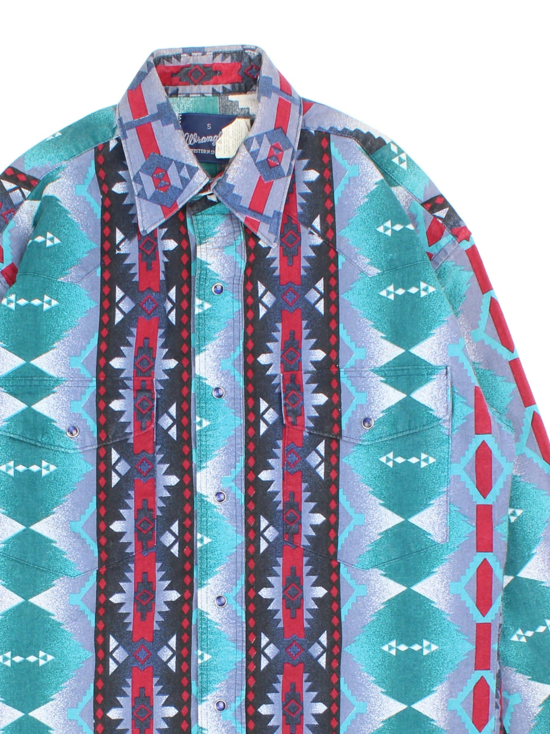 Wrangler Western Shirt in a blue colourway with aztec pattern, button up with two front pockets.