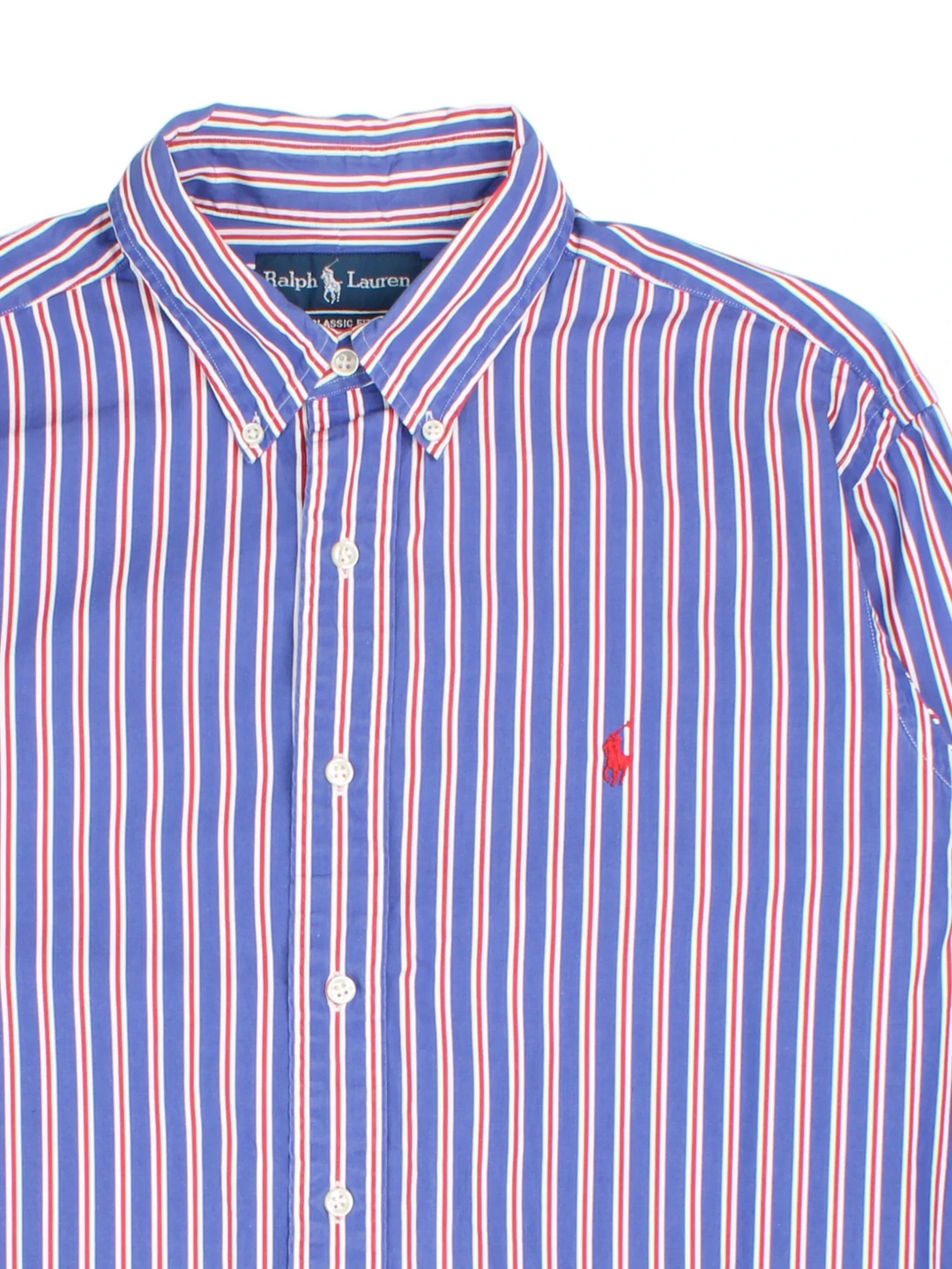 Ralph Lauren Striped Shirt in a blue, red and white colourway, button up with the logo embroidered on the front.