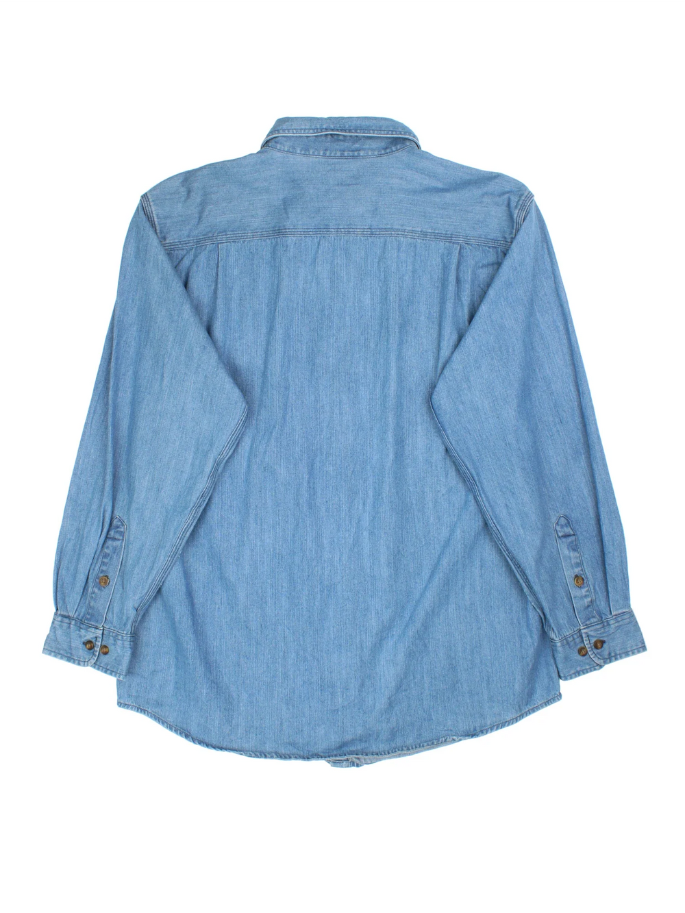 Carhartt Denim Shirt in a blue colourway, buttons up and has double chest pockets with the logo tab embroidered on the front.