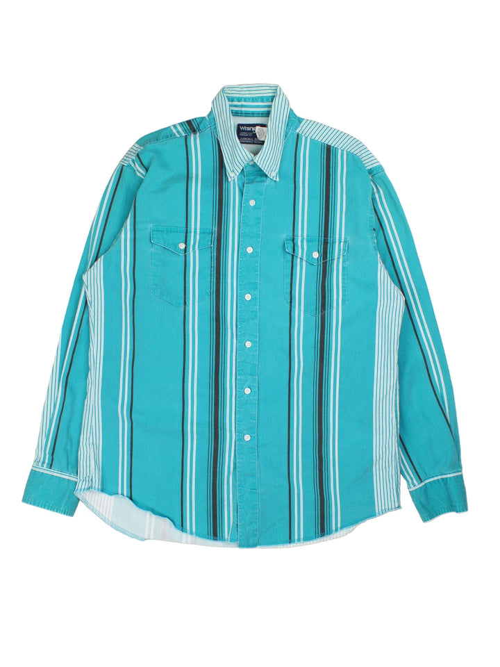 Wrangler Western Shirt in a blue, white and black striped colourway, buttons up and has double chest pockets.