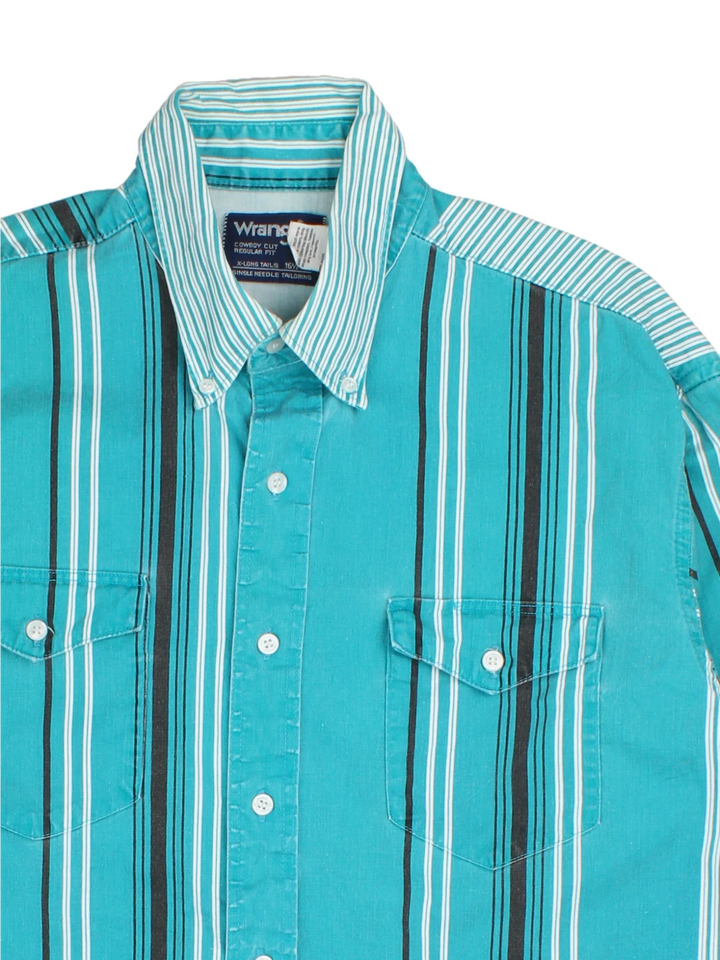 Wrangler Western Shirt in a blue, white and black striped colourway, buttons up and has double chest pockets.