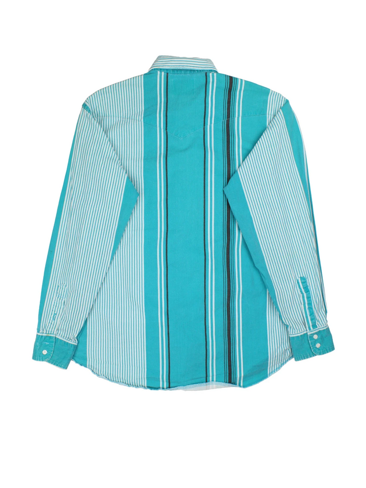 Wrangler Western Shirt in a blue, white and black striped colourway, buttons up and has double chest pockets.