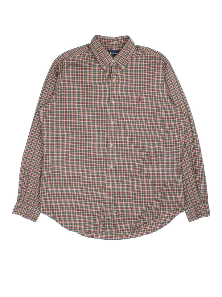 Ralph Lauren Shirt in a red, brown, green and white plaid colourway, button up with the logo embroidered on the front.