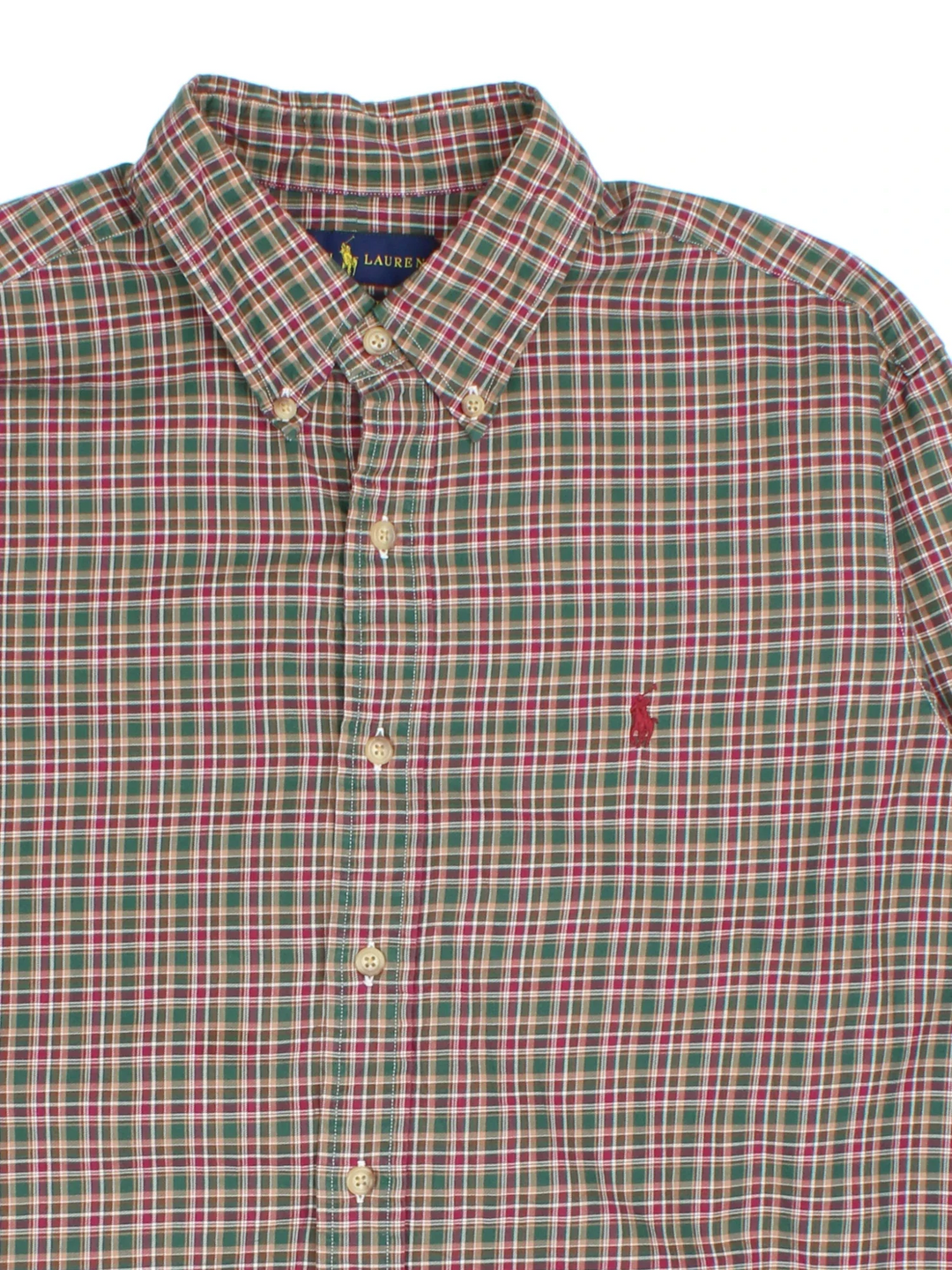 Ralph Lauren Shirt in a red, brown, green and white plaid colourway, button up with the logo embroidered on the front.