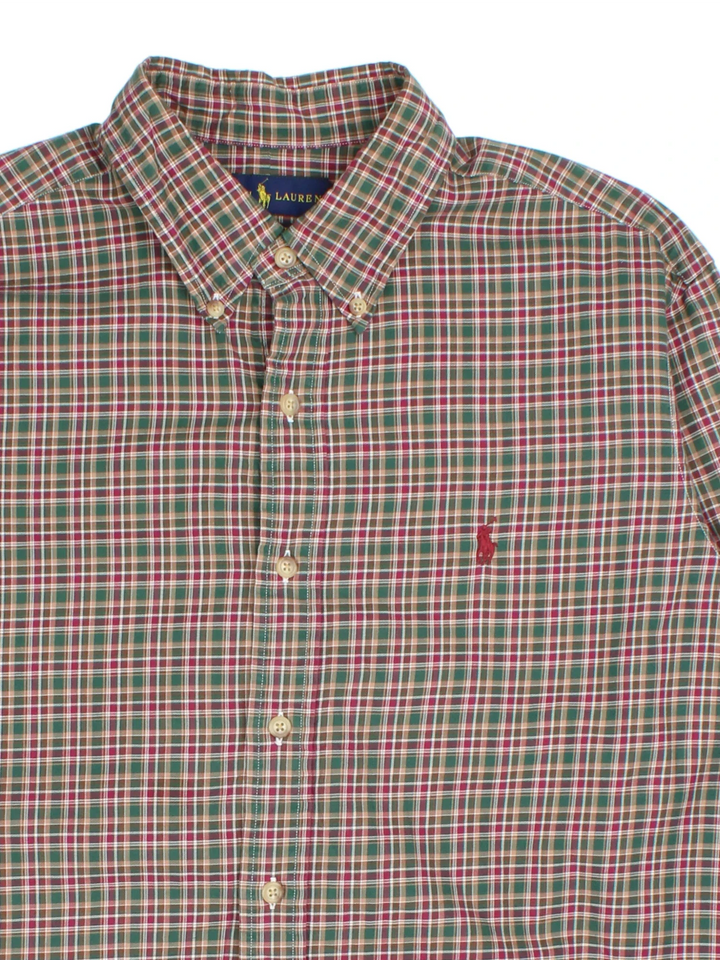 Ralph Lauren Shirt in a red, brown, green and white plaid colourway, button up with the logo embroidered on the front.