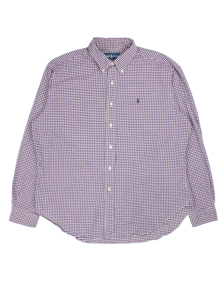 Ralph Lauren Checked Shirt in a purple and white colourway, buttons up with the logo embroidered on the front.