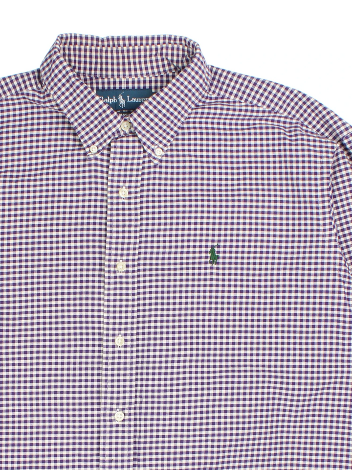 Ralph Lauren Checked Shirt in a purple and white colourway, buttons up with the logo embroidered on the front.