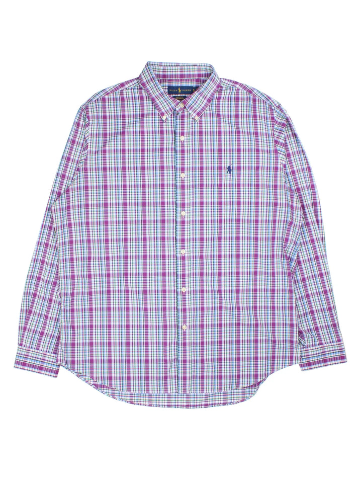 Ralph Lauren Plaid Shirt in a purple, green, blue and white colourway, buttons up with the logo embroidered on the front.