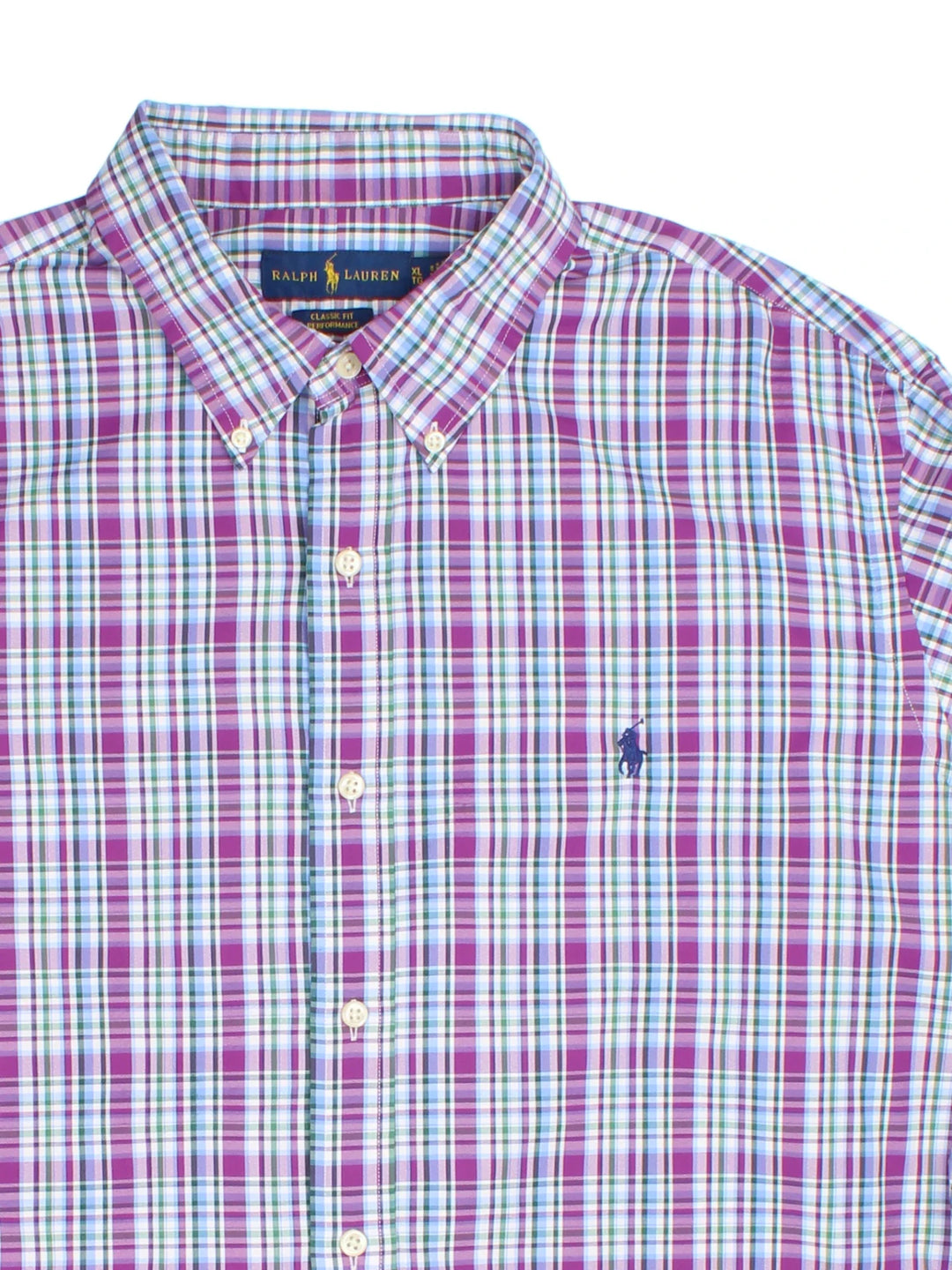 Ralph Lauren Plaid Shirt in a purple, green, blue and white colourway, buttons up with the logo embroidered on the front.