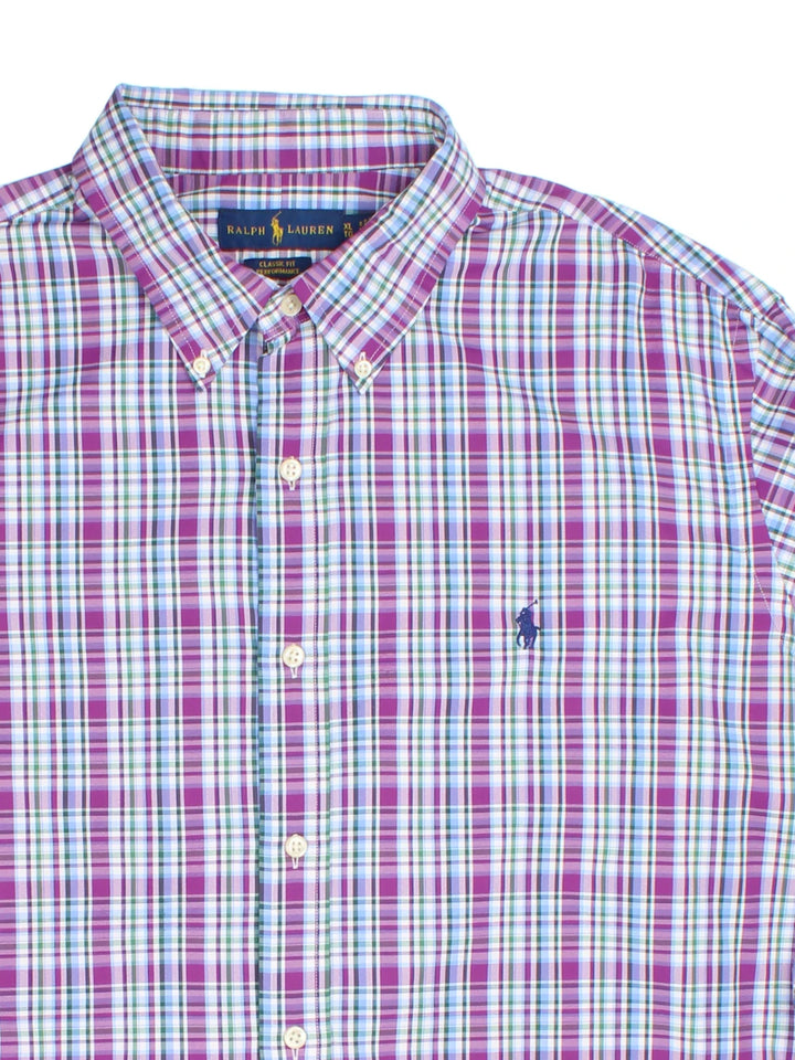 Ralph Lauren Plaid Shirt in a purple, green, blue and white colourway, buttons up with the logo embroidered on the front.