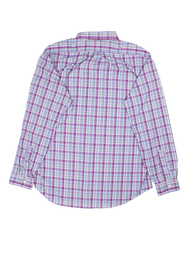 Ralph Lauren Plaid Shirt in a purple, green, blue and white colourway, buttons up with the logo embroidered on the front.