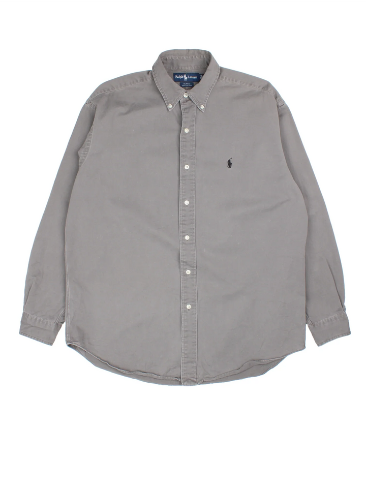 Ralph Lauren Shirt in a grey colourway, button up with the logo embroidered on the front.