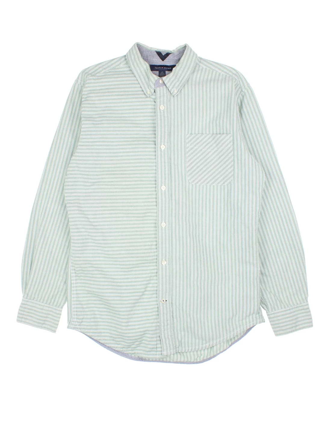 Tommy Hilfiger Striped Shirt in a green and white colourway, button up and has a chest pocket.